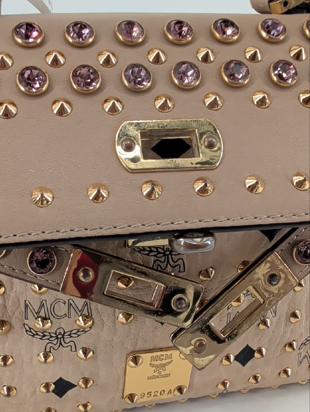 MCM Beige Visetos Top Handle Bag with Gold Hardware and Pink Crystal Studs - Picture 2 of 10
